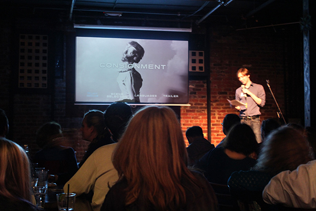 Justin Hannah introduces "Consignment" movie at Natasha's Short Film Night